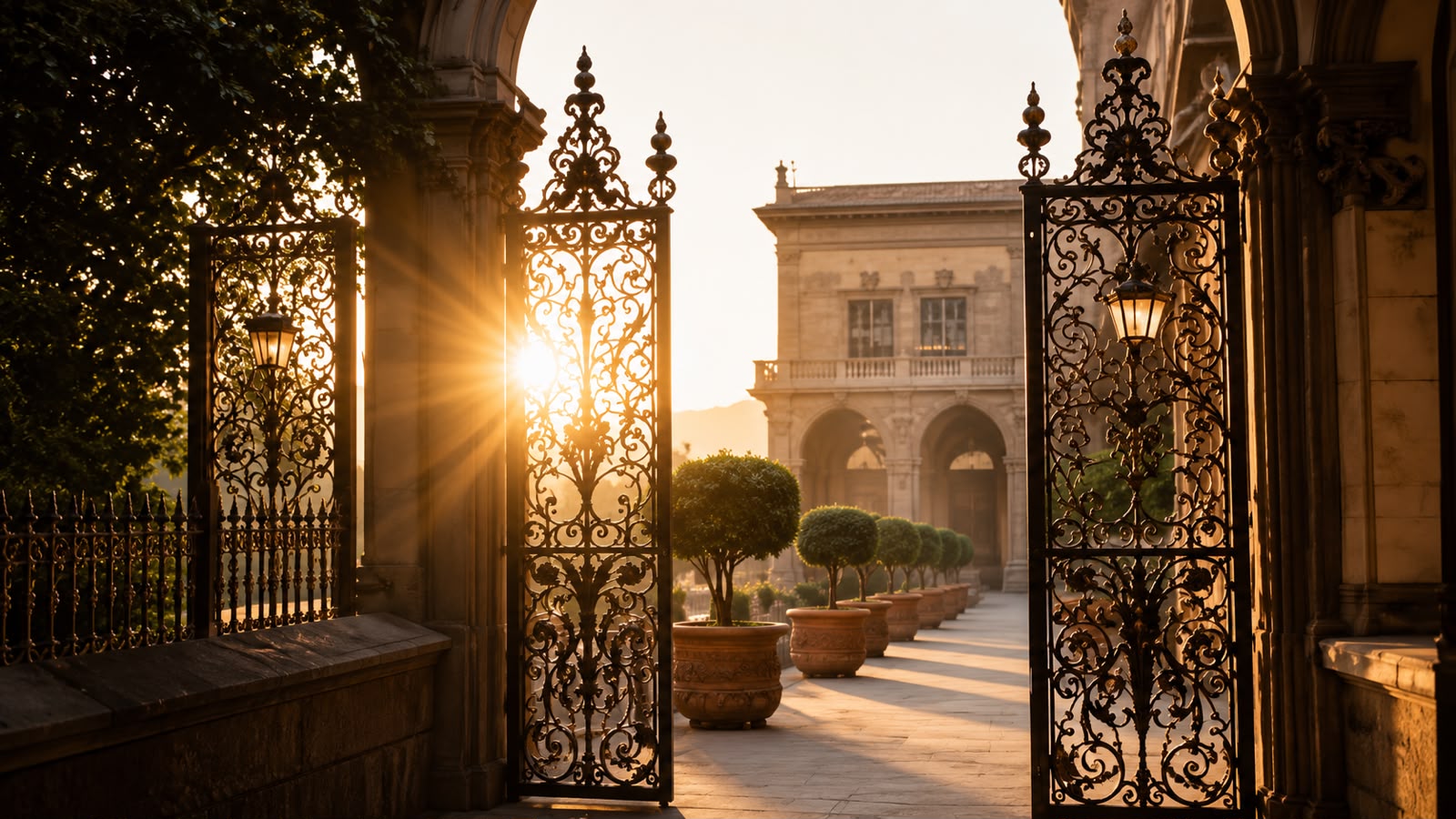 Ornate wrought-iron gates opening to a sunlit villa courtyard at golden hour