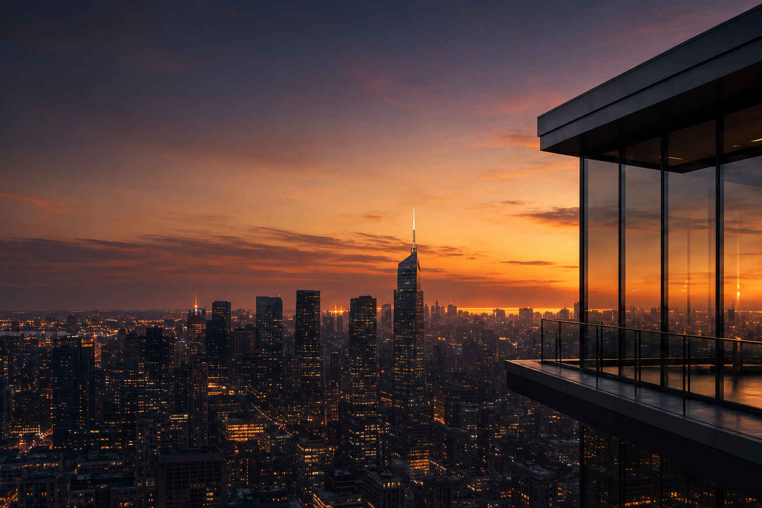 Luxury penthouse terrace overlooking a city skyline at sunset